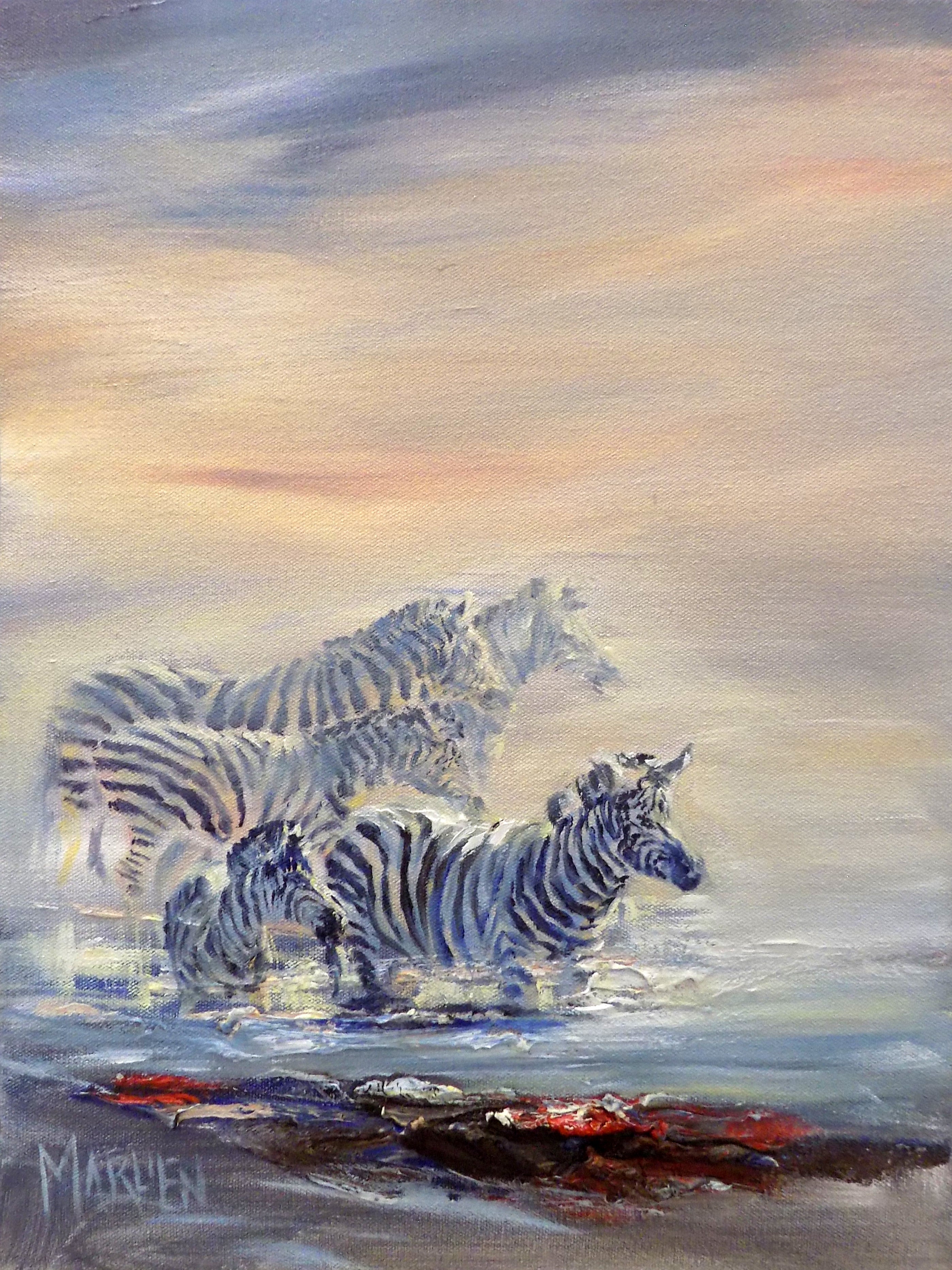 Zebras in the Lake 40x30cm Acrylic on Canvas