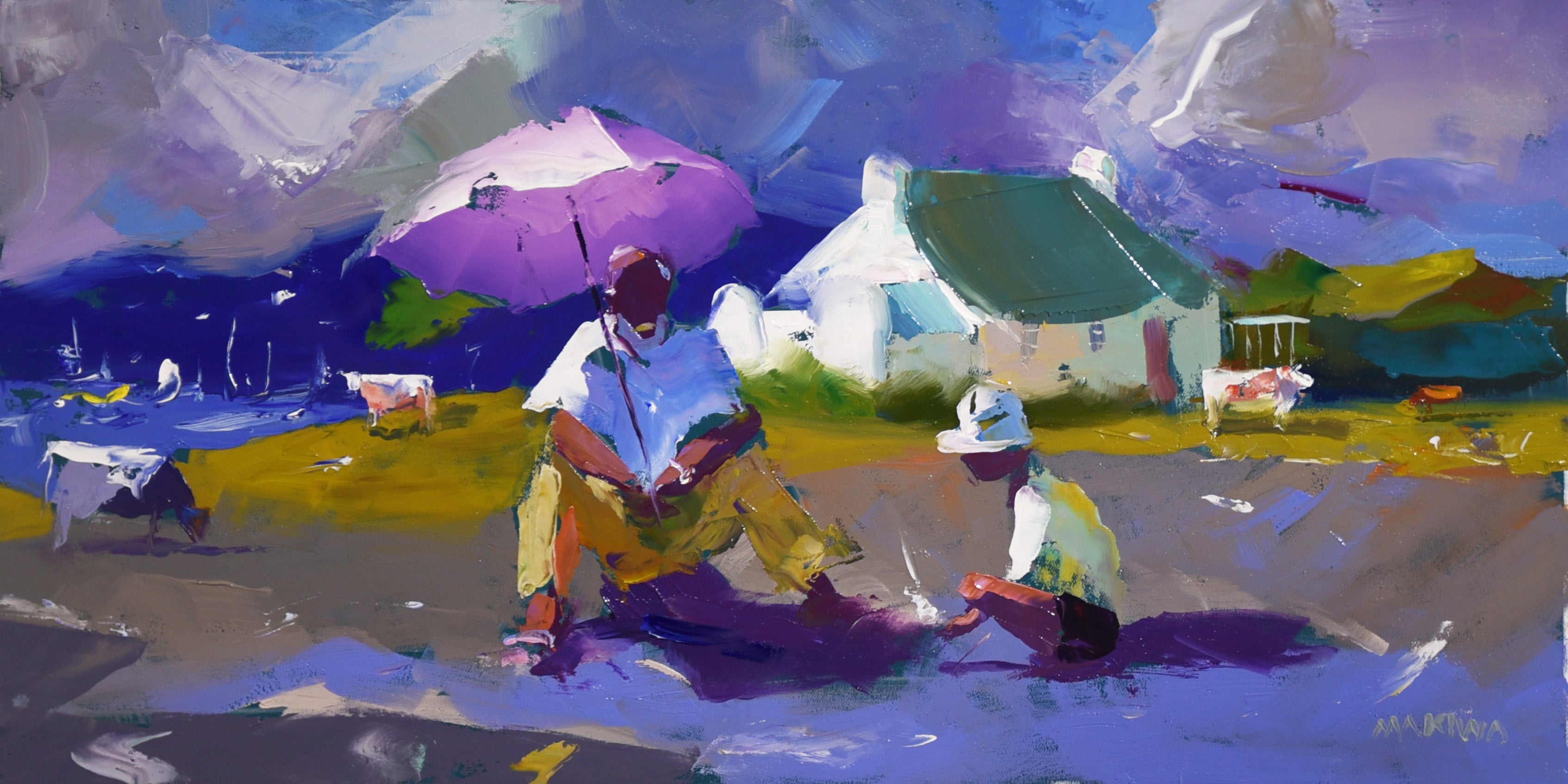 Under the Purple Umbrella 30x60cm Oil On Canvas