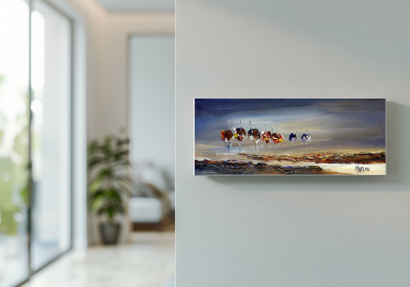 Feathered Ostrich Friends 20x50cm Oil on Canvas