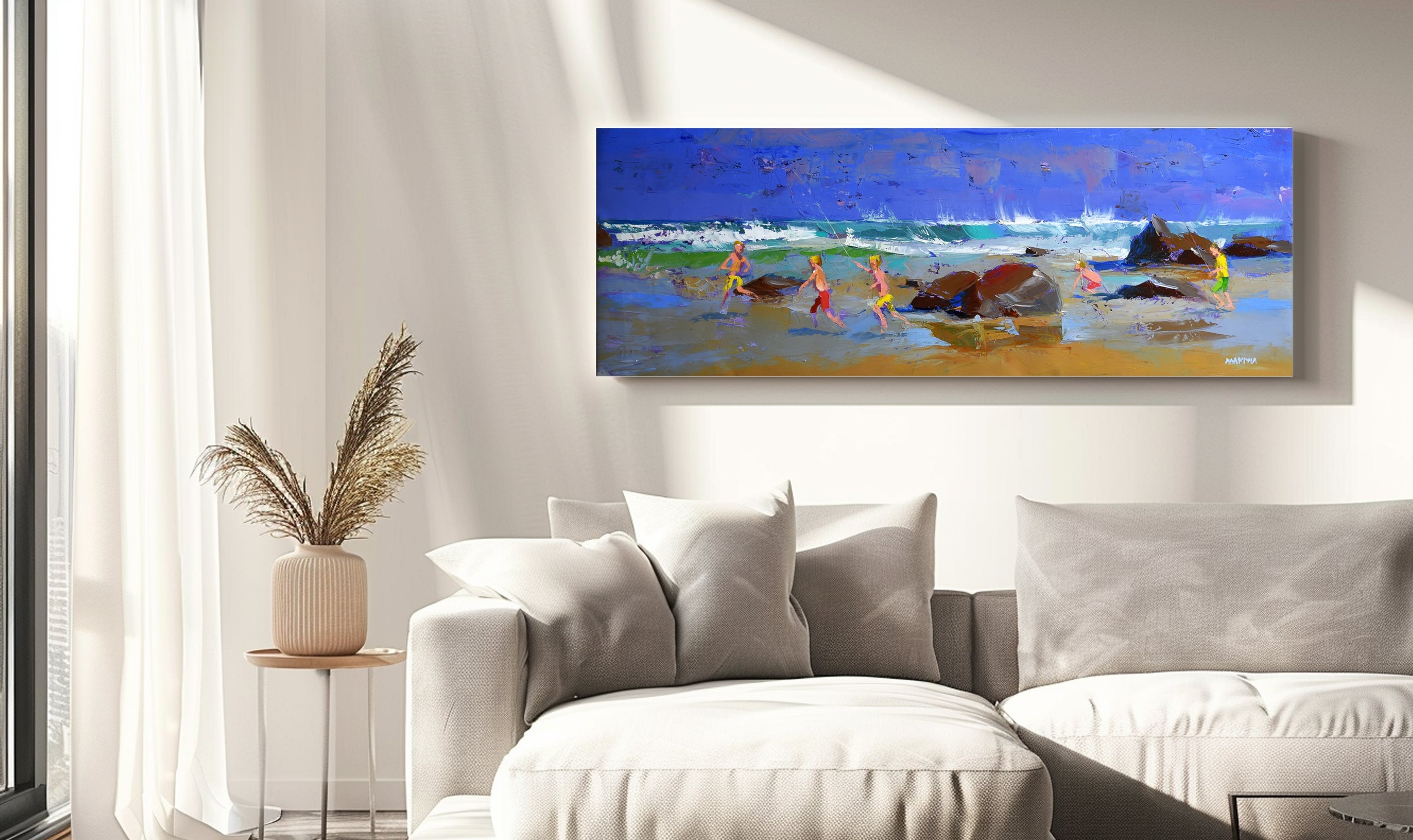 Playing by the Rocks  50x140cm  Oil On Canvas