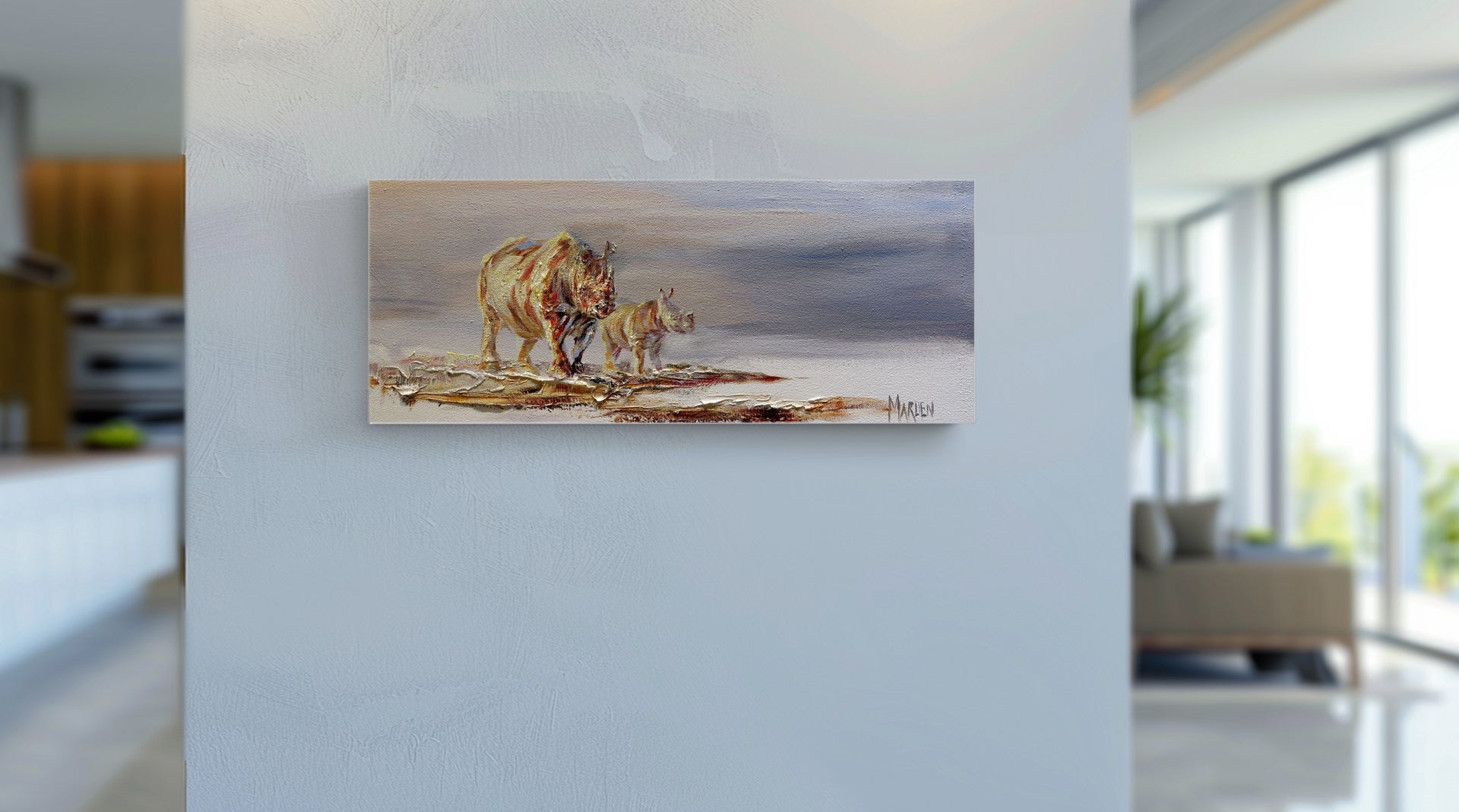 Mum Rhino and Me2 20x50cm Oil on Canvas