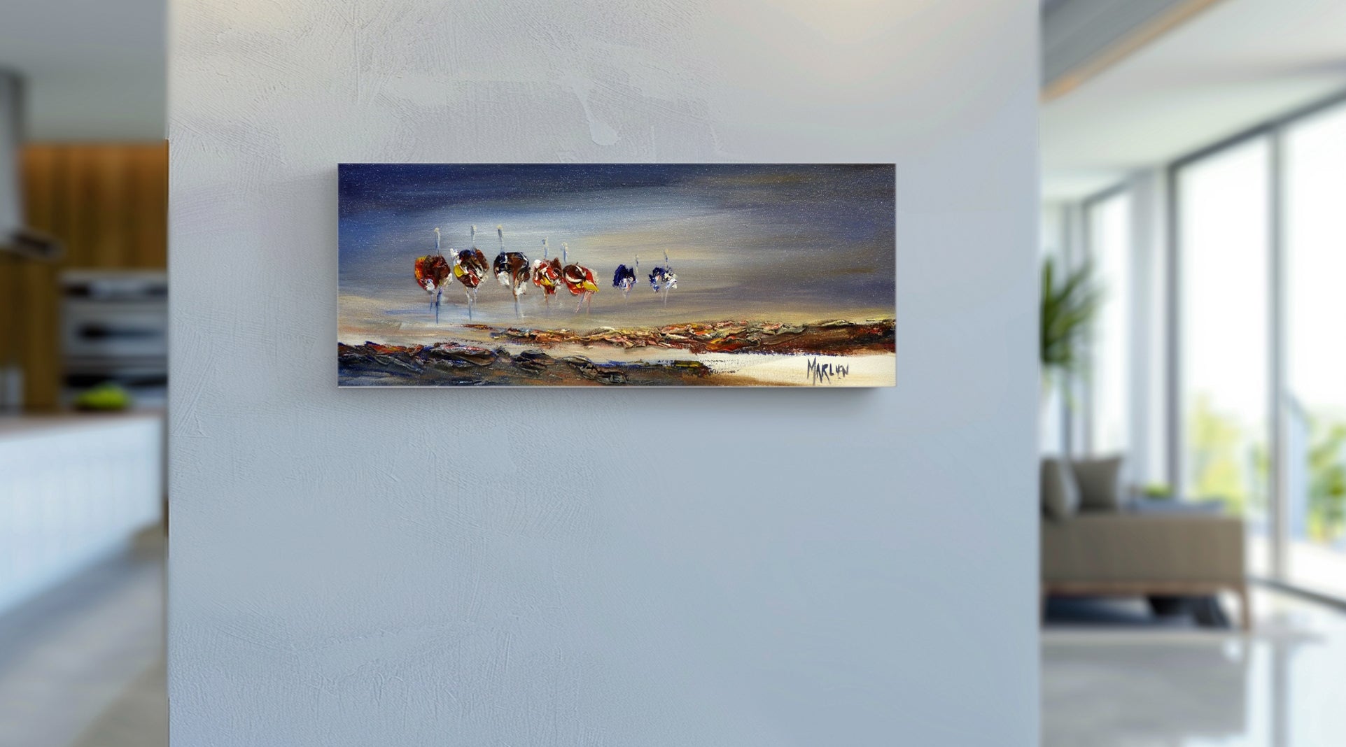 Feathered Ostrich Friends 20x50cm Oil on Canvas