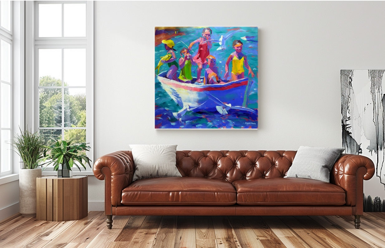 Fun on the Fishing Boat 120x120cm Oil on Canvas