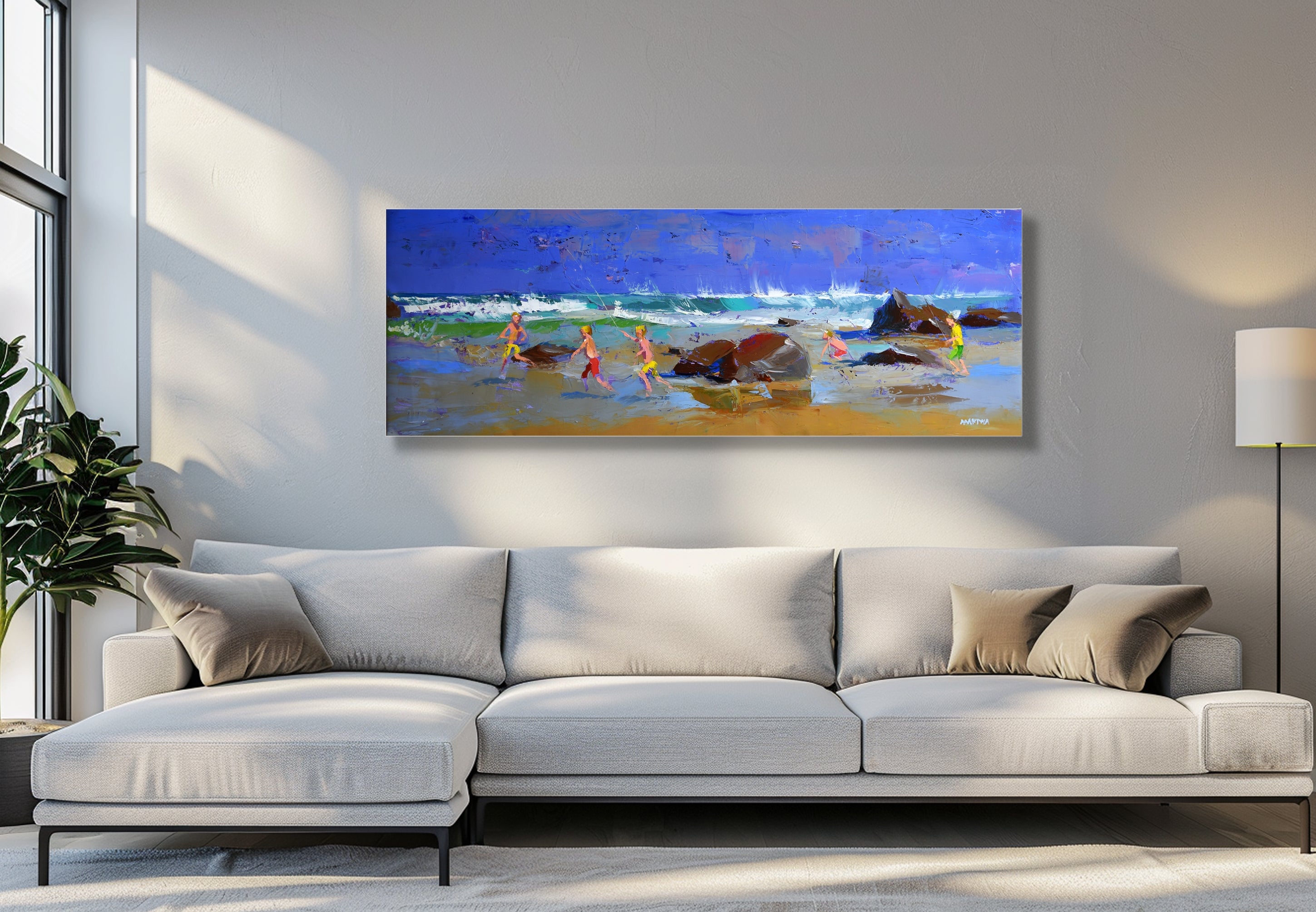 Playing by the Rocks  50x140cm  Oil On Canvas