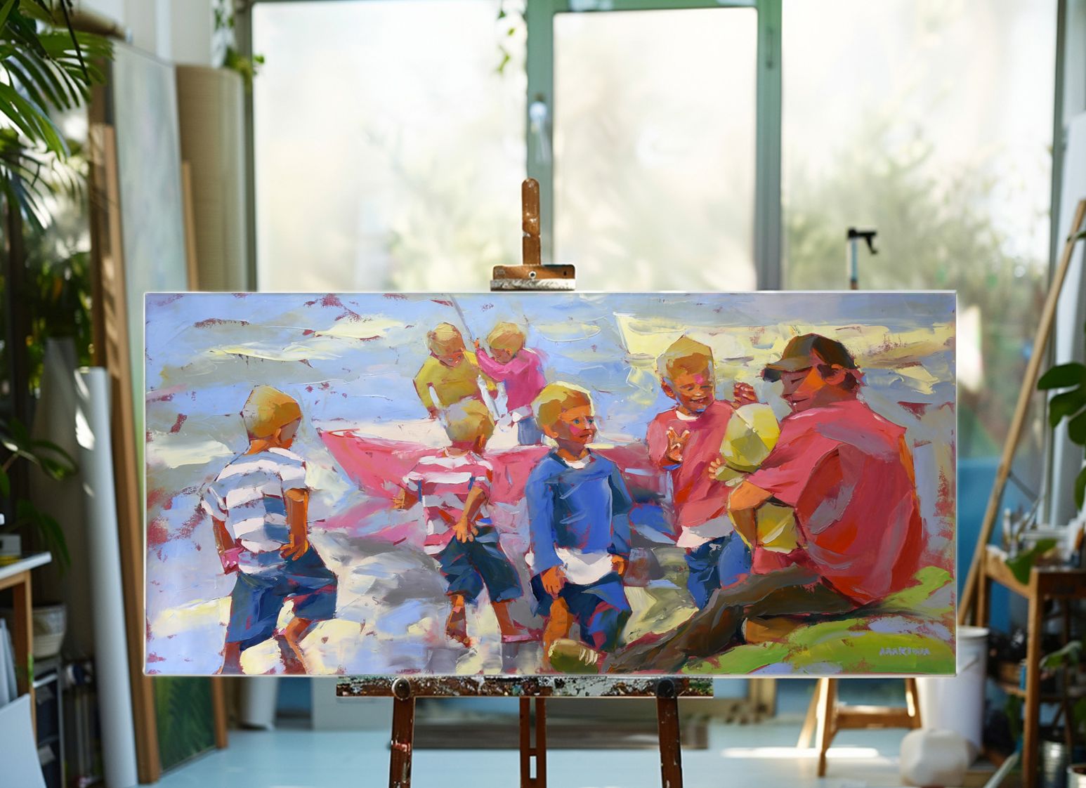 Seaside With Dad 80x170cm Oil On Canvas