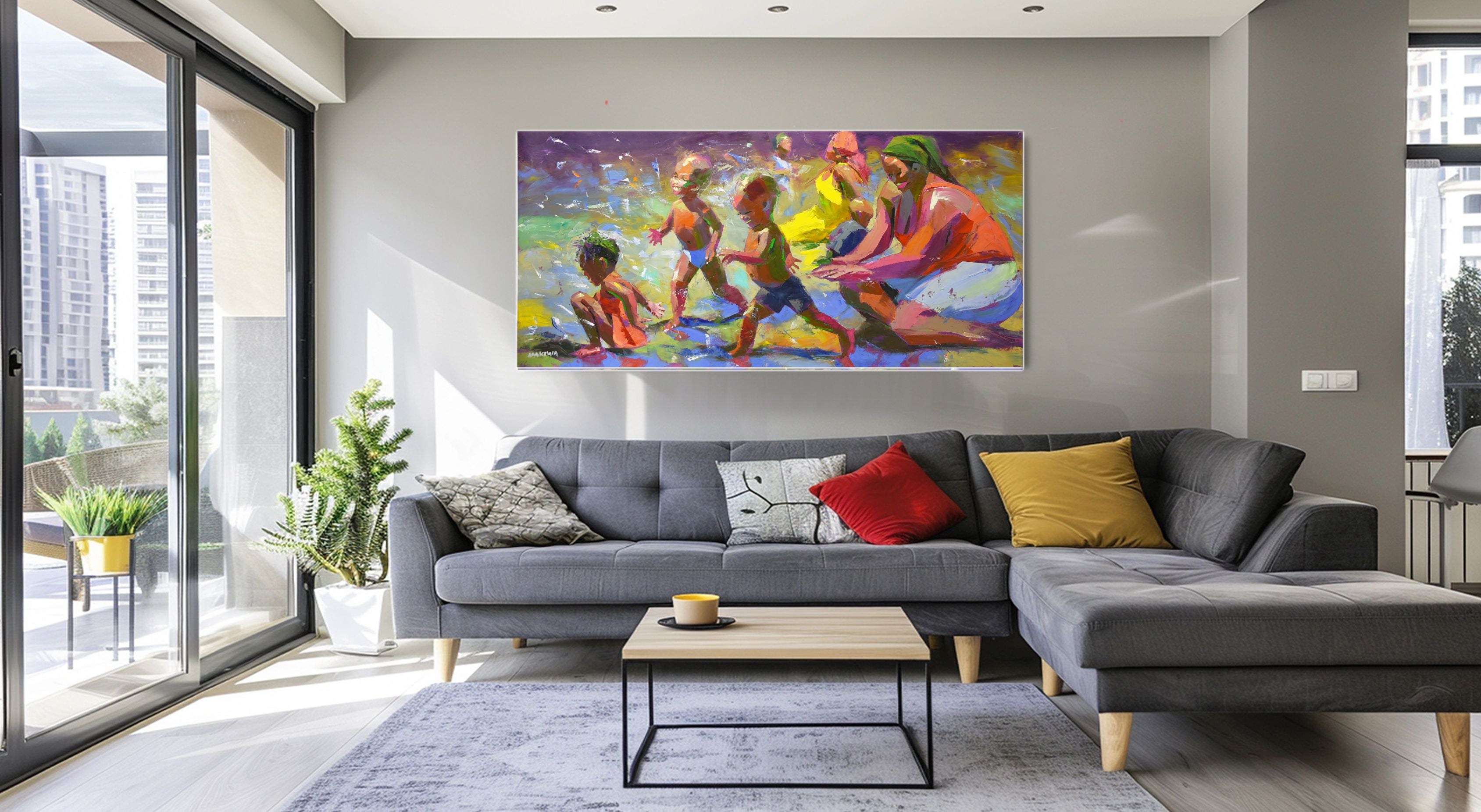 Fun day at the Beach 80x170cm Oil On Canvas