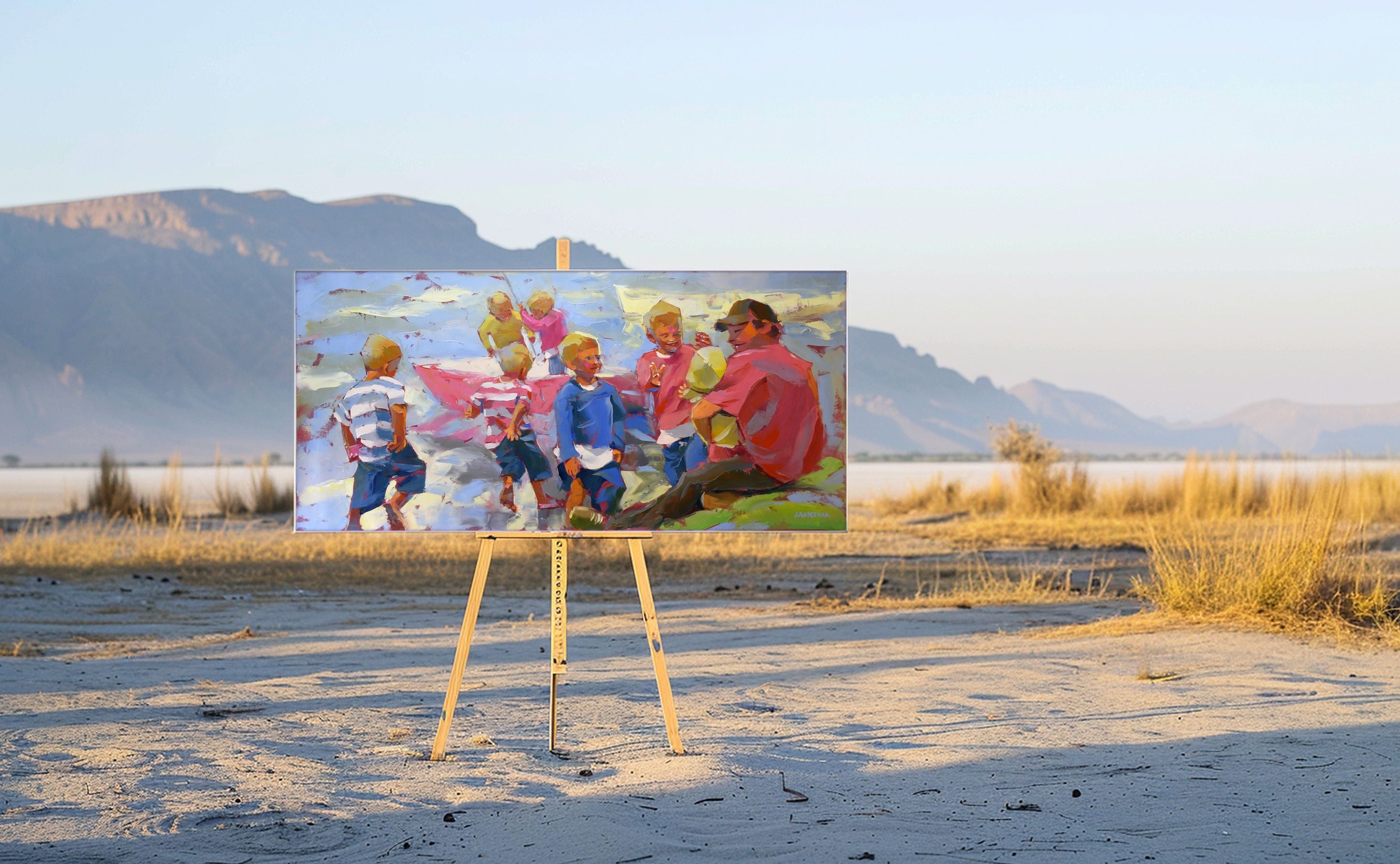 Seaside With Dad 80x170cm Oil On Canvas