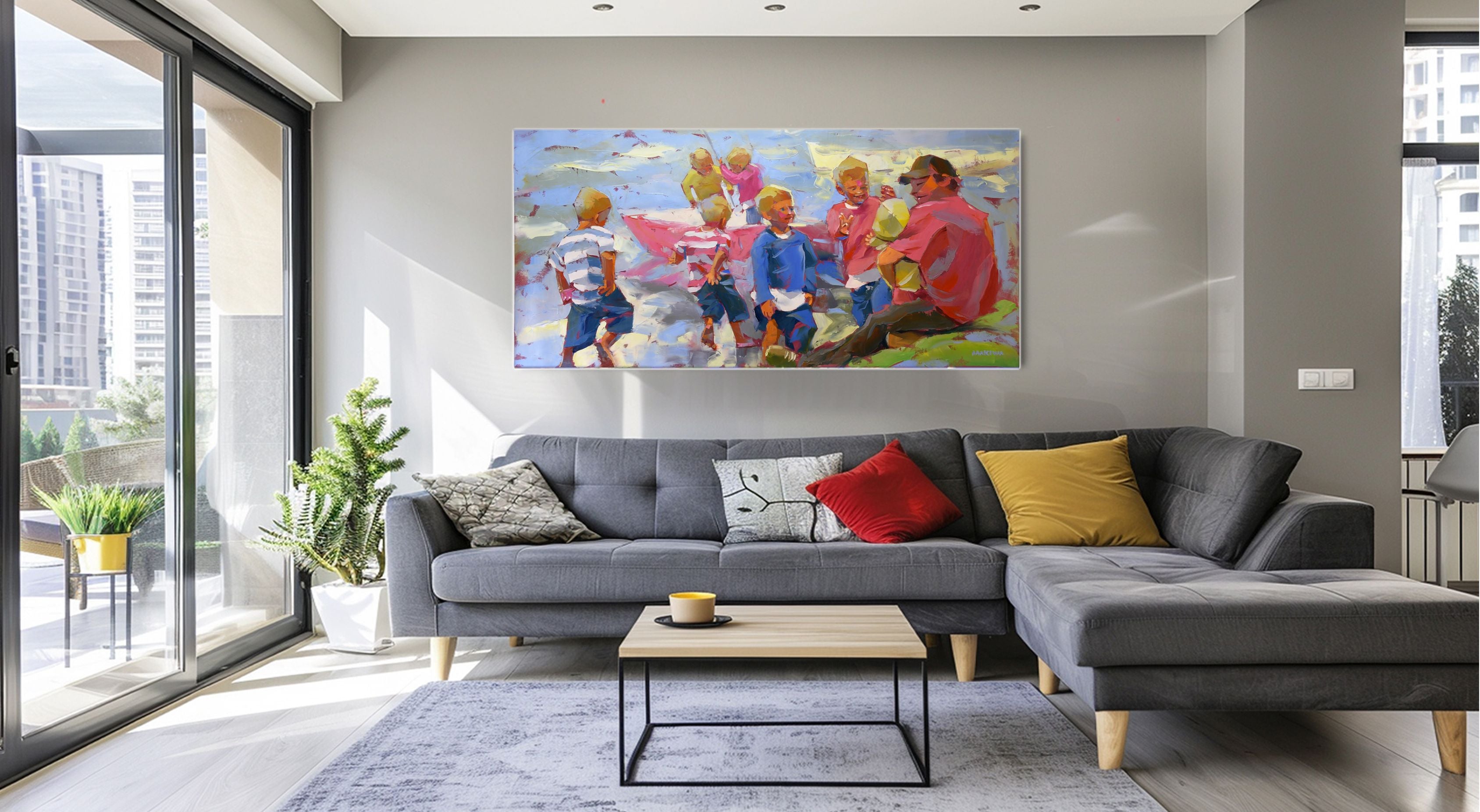 Seaside With Dad 80x170cm Oil On Canvas